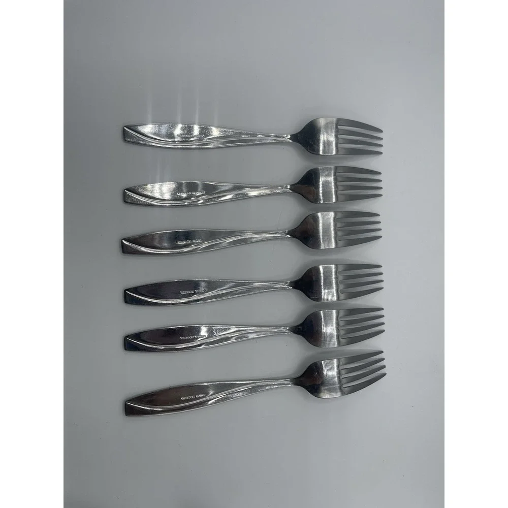 6 Dinner Forks Line Stainless Oneida Groove Curved B734 Indonesia Glossy 8‎ 1/4